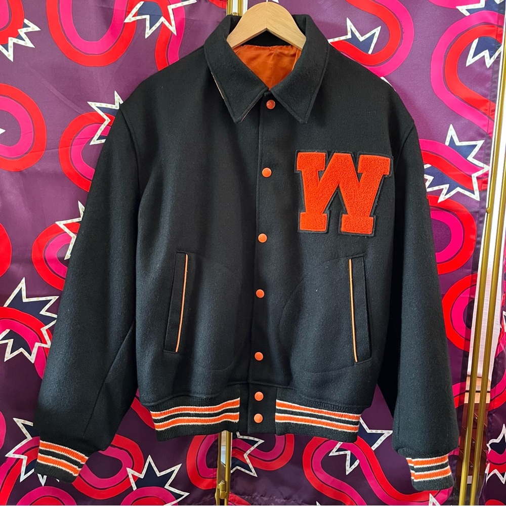 1960s Vintage Wayland Varsity Jacket Minute Man Wool Black Orange W Letterman 44